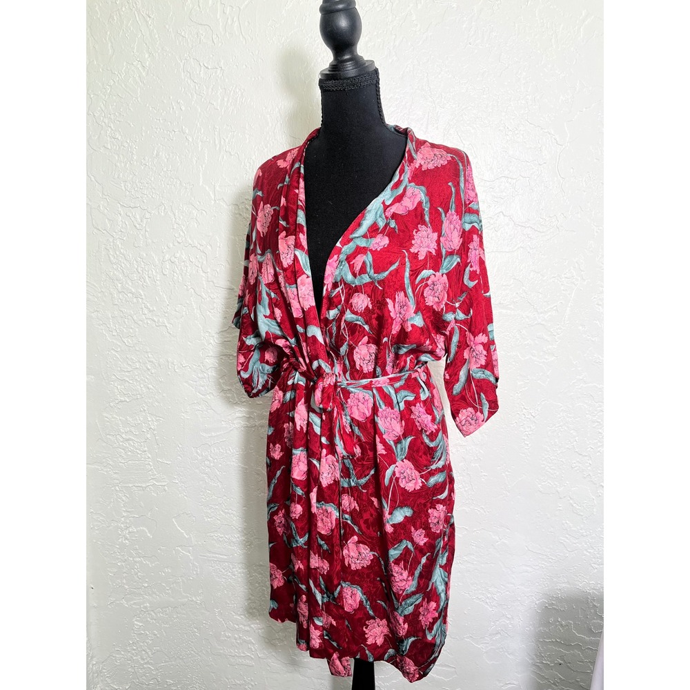 SILX Women's 100% Silk Floral Kimono Robe Size M Red Pink Belted